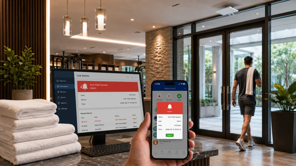 Anti theft towel system with live alert in lobby