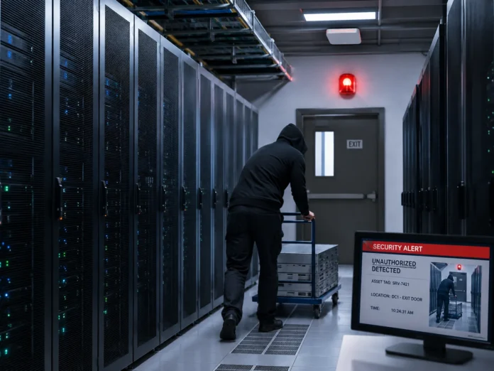 IT Asset Tracking and Data Center Security Unauthorized removal of server equipment detected by an IT asset tracking and data center security system