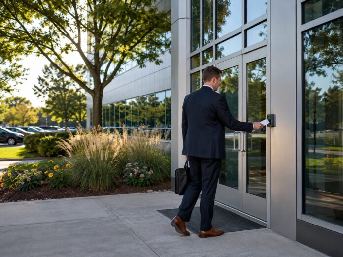 access-control-installation-northbrook Employee using a key card at a Northbrook office entrance