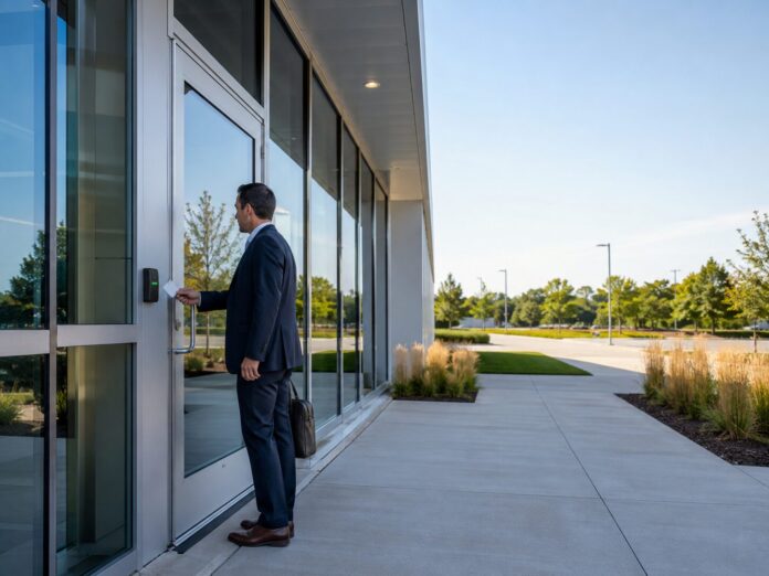Employee using a key card at a Vernon Hills office entrance