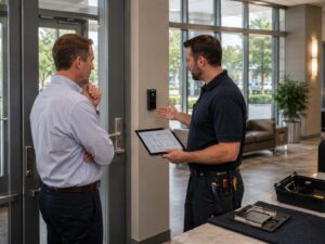 Technician reviewing an access control project in Northbrook