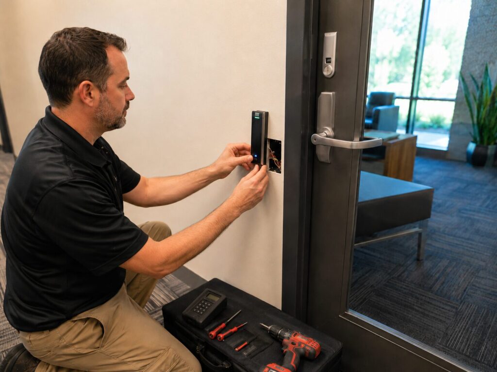 Technician replacing an outdated commercial access control reader