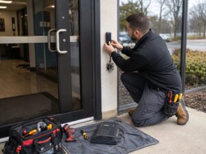 Technician replacing an outdated access control reader