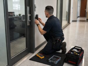 Technician installing a commercial card reader in Northbrook
