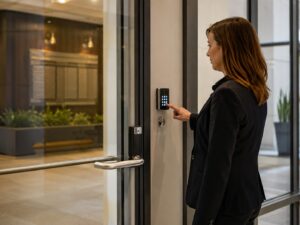 Property manager using a commercial door access keypad