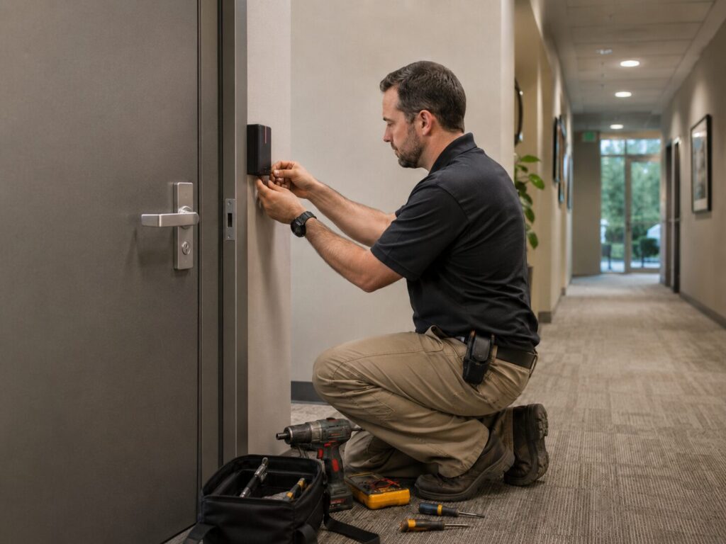 Technician installing a door card reader in Vernon Hills