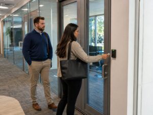Employees using a key fob door entry system in Northbrook