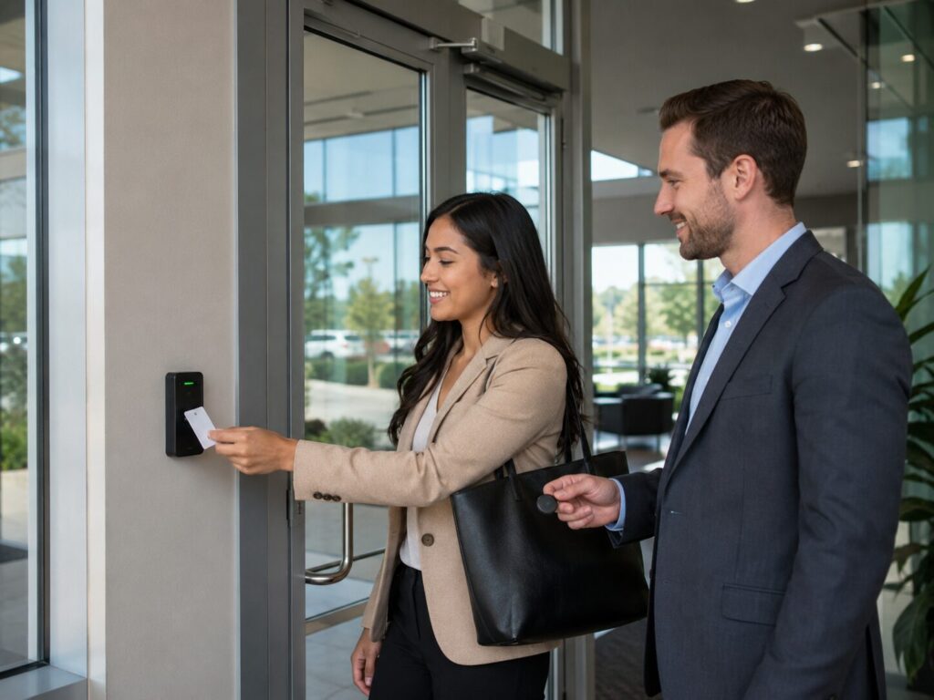 Employees using key card and key fob access at an office