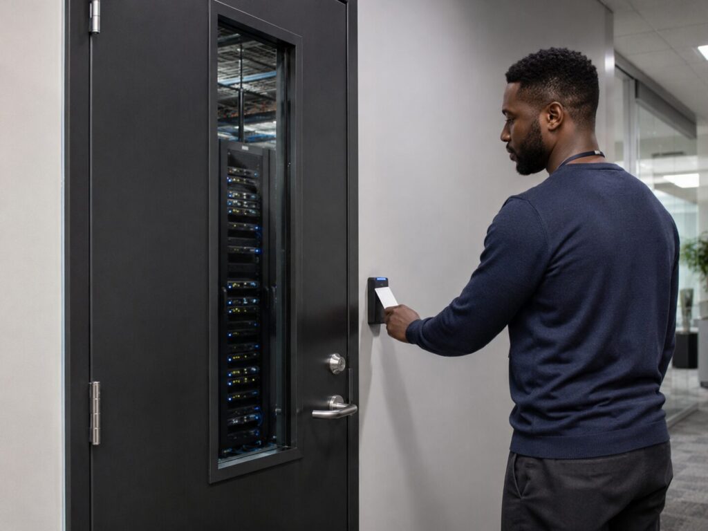 Employee using key card access at a secured server room