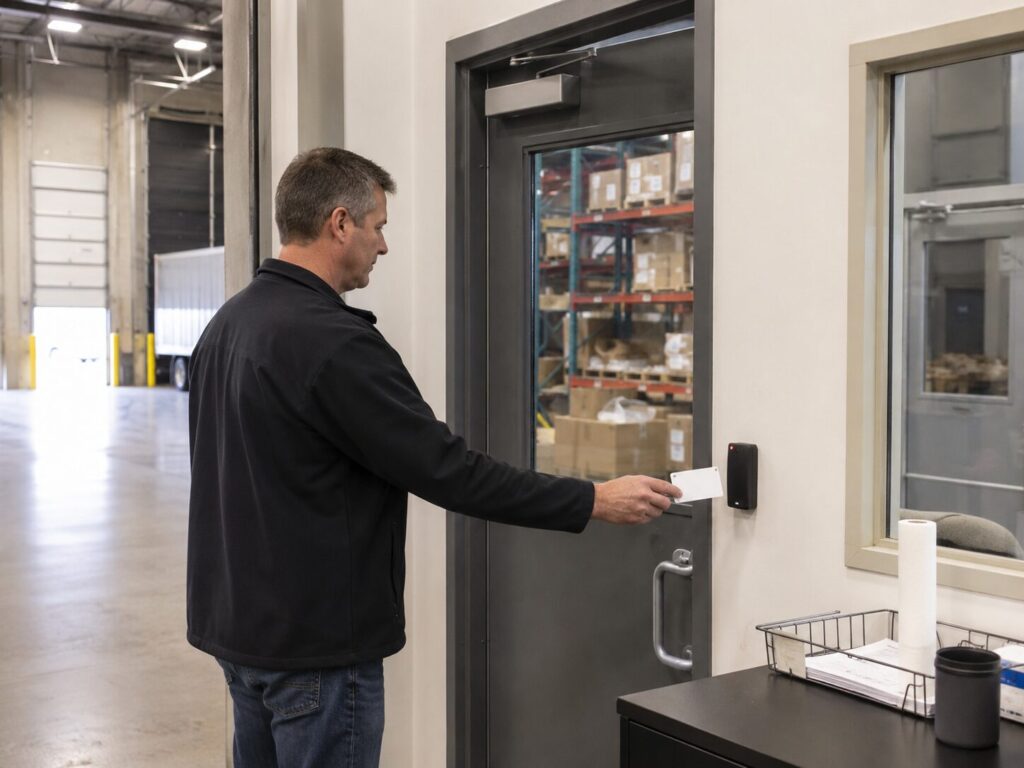 Warehouse supervisor using key card access in Northbrook