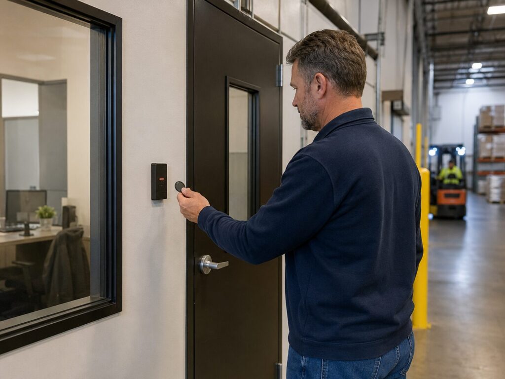 Warehouse employee using a key fob at a secured entrance