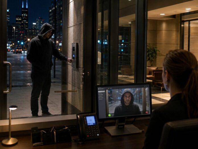 video-intercom-installation-chicago Video intercom system showing a visitor at a locked commercial entrance in Chicago