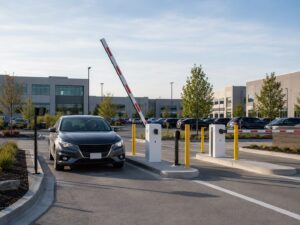 Automatic parking gate system controlling vehicle entry at a commercial property