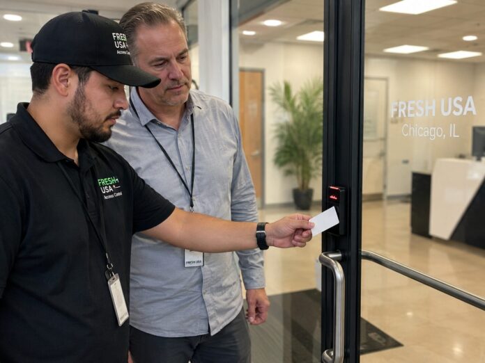 commercial-access-control-installer-chicago Commercial access control installer testing a secured office entrance in Chicago