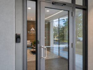 Commercial door access system with card reader keypad and electronic lock