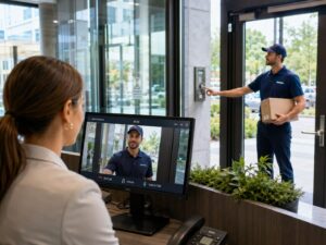 Delivery driver using a commercial door buzzer at a locked building entrance