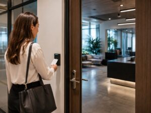 Employee using a key card at a secured office entrance in Chicago