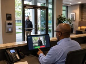 Office manager using a video intercom to release a locked entrance door
