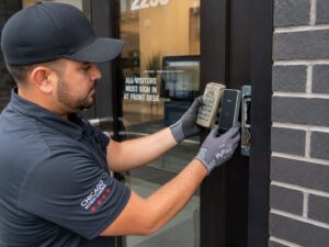 Technician replacing an outdated commercial access control reader