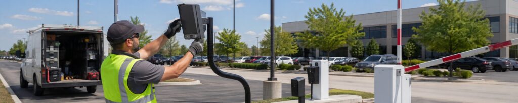 Technician installing a commercial parking entry system in Chicago