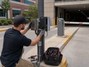 Technician replacing an outdated parking gate access system in Chicago