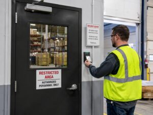 Warehouse employee using an access control reader at a restricted entrance
