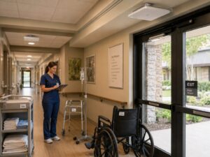 Hospital employee searching for medical equipment in a healthcare facility