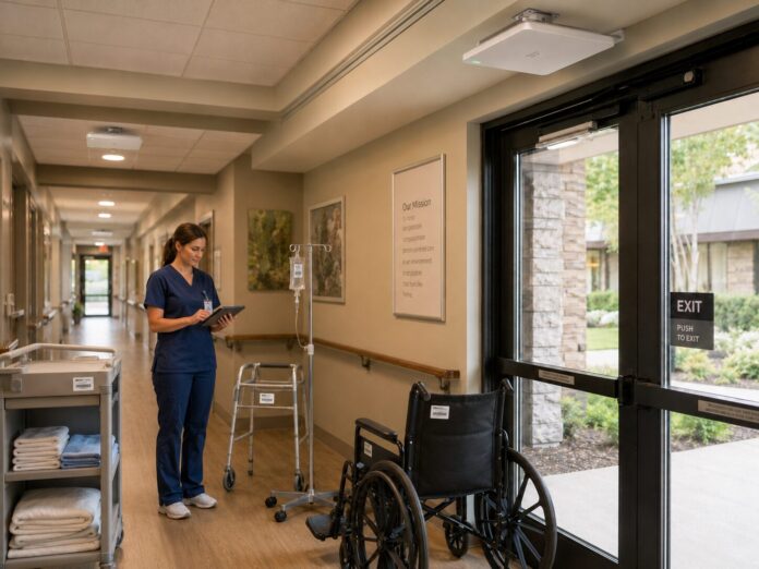 Hospital employee searching for medical equipment in a healthcare facility