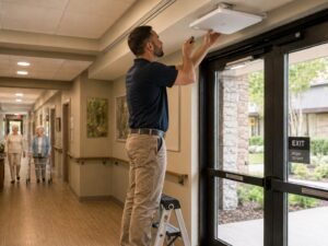 Installation of a hospital asset tracking reader near a monitored doorway