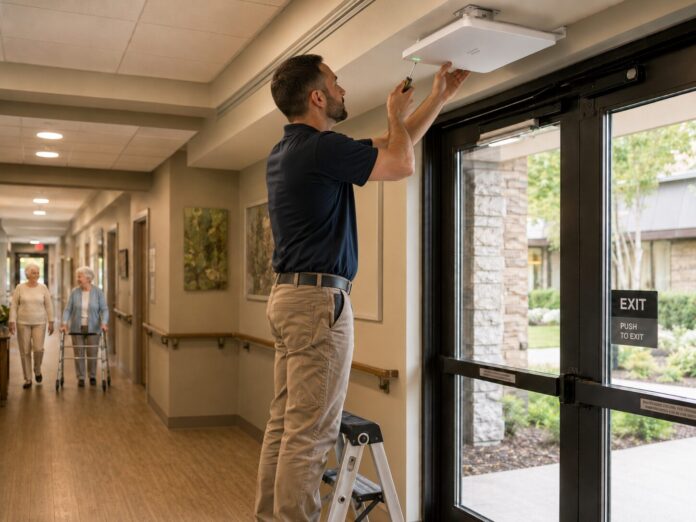 Installation of a hospital asset tracking reader near a monitored doorway