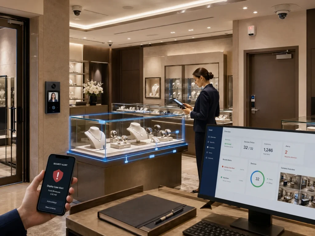 Jewelry store security systems with Smart Shelf, inventory, access control, video surveillance and mobile alerts