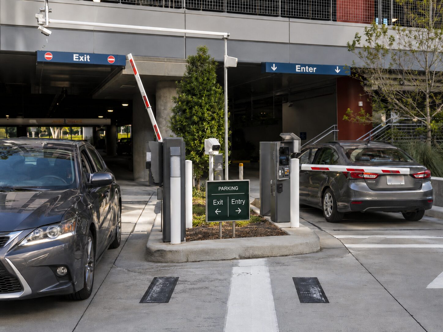 Commercial parking access control with entry and exit lanes