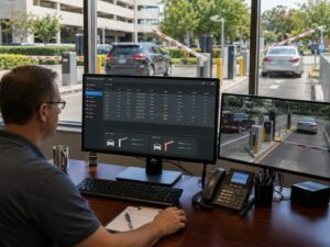 Parking management software showing entry and exit activity, payment status and barrier control