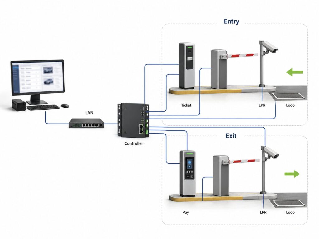 Parking entry and exit system diagram showing software, ticketing, payment, LPR cameras and barrier gates