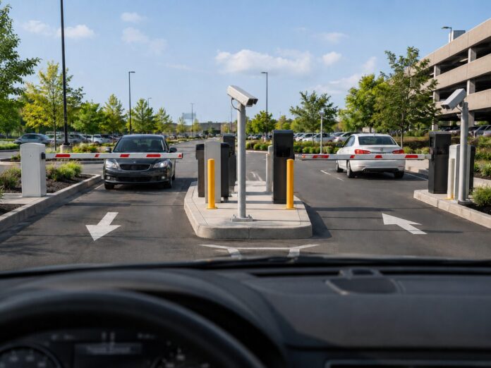 Parking Lot Entry and Exit Control System Parking lot entry and exit control system with ticket dispenser, payment station, LPR cameras and barrier gates