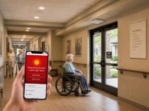 Unauthorized wheelchair exit alert in care facility