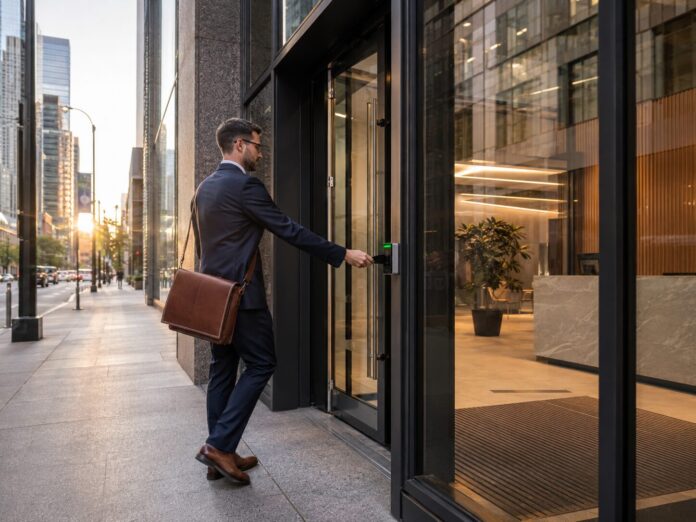 Employee entering a Chicago office with a door access control system