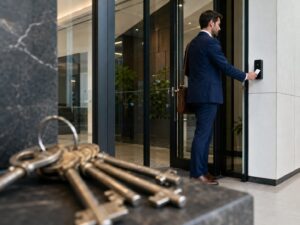 Employee using a key card access system at a secured office door