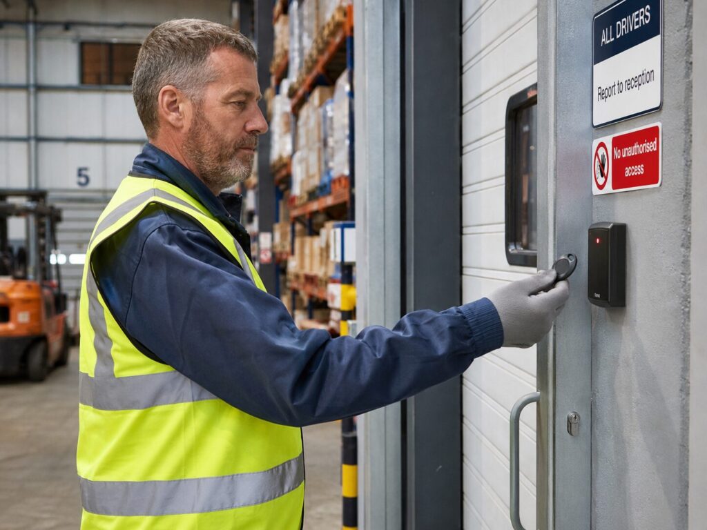 Warehouse employee using a key fob access system at a secured door
