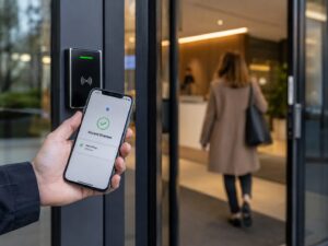 Smartphone being used for mobile door access at a business entrance