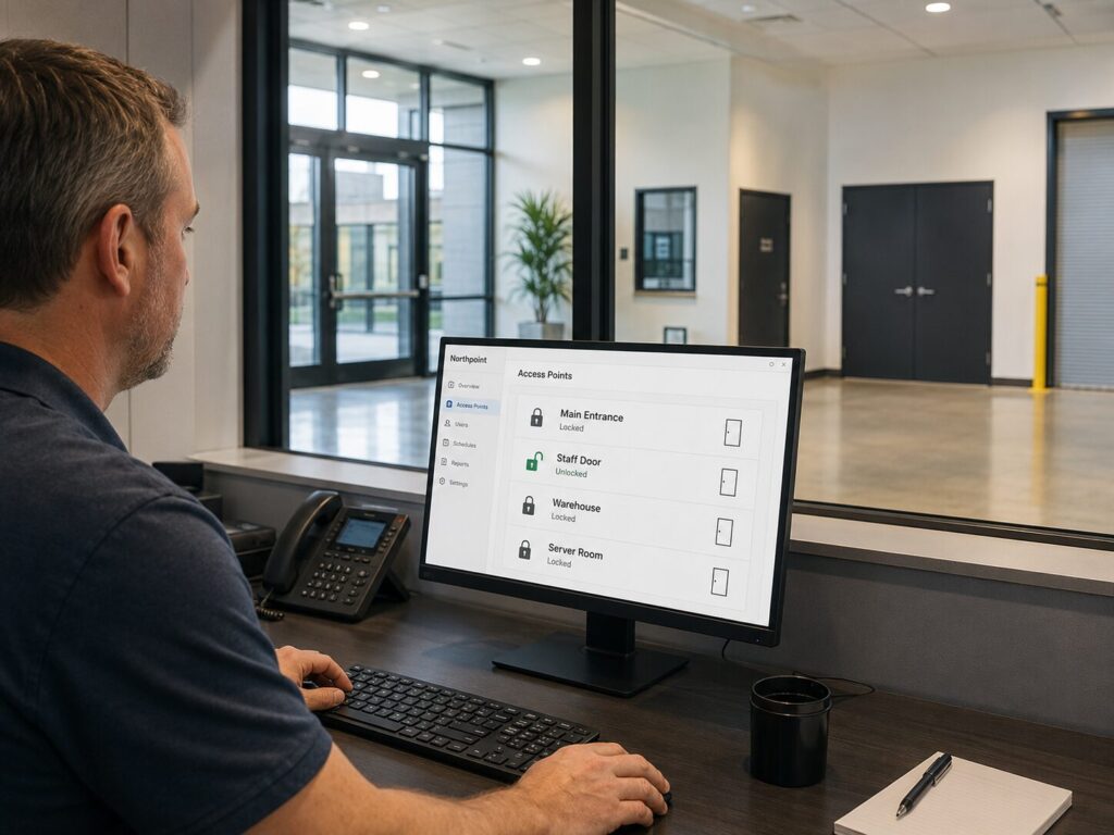 Manager reviewing a multi-door access control system