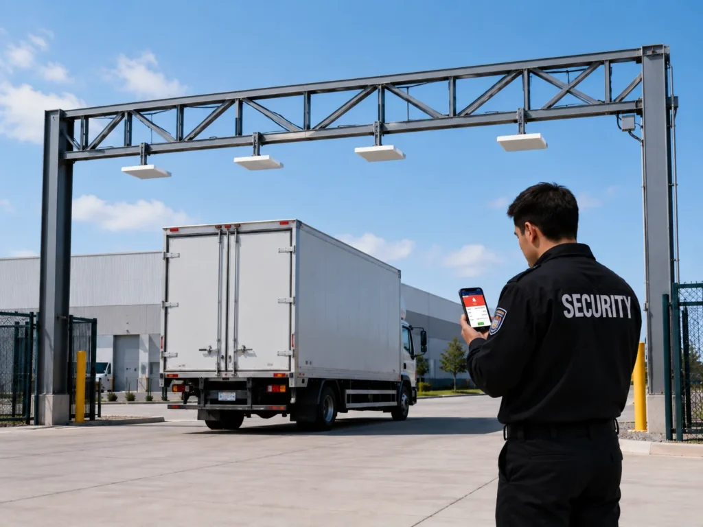 Warehouse theft prevention security checkpoint at industrial entry gate with RFID antennas warehouse theft prevention security checkpoint at industrial entry gate with RFID antennas