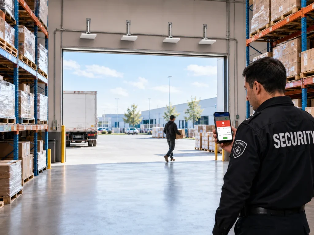Warehouse theft prevention system with security guard receiving mobile alert notification at loading exit warehouse theft prevention system with security guard receiving alert notification at loading exit