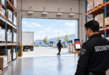 Warehouse loss prevention system with security guard receiving alert notification at loading exit