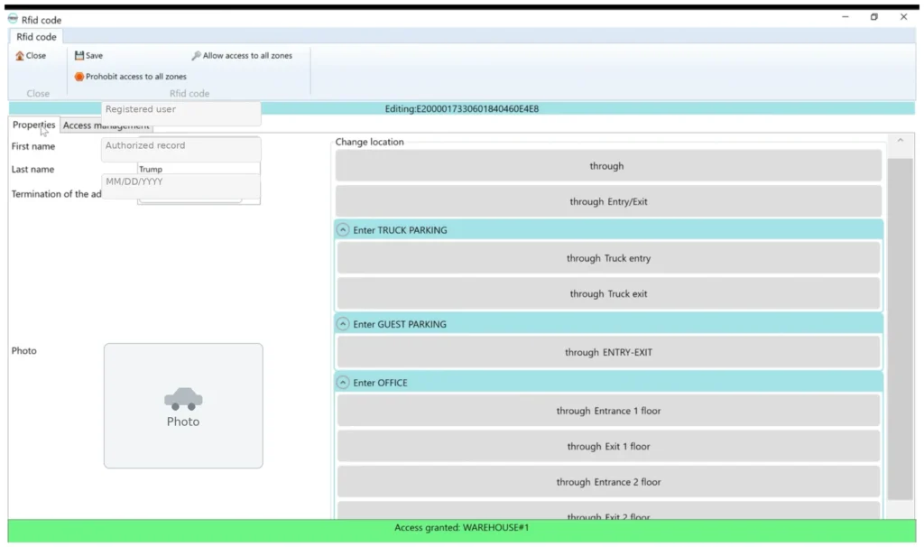 Access permissions by zone and RFID record
