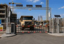 Construction site access control systems with solar barrier gate, RFID checkpoint, truck access, and full-height turnstile