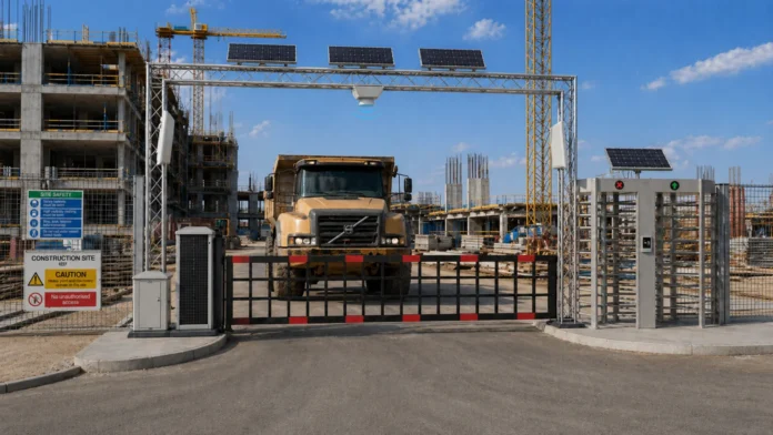 construction-site-access-control-systems-barrier-gate-turnstile-truck Construction site access control systems with solar barrier gate, RFID checkpoint, truck access, and full-height turnstile