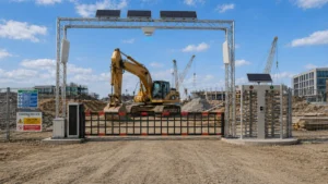 Construction site access control systems with solar-powered closed barrier gate, RFID checkpoint, excavator zone, and worker turnstile