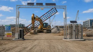 Construction site access control systems with solar-powered open barrier gate, RFID checkpoint, excavator work area, and full-height turnstile