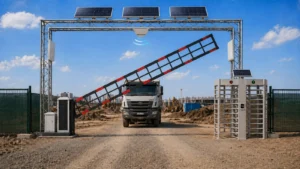 Construction site access control systems with solar-powered RFID barrier gate, truck entry lane, and full-height turnstile